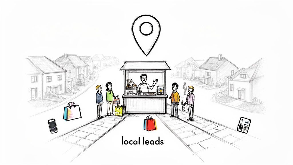 Illustration of a local business stand with customers, a map pin, and text 'local leads' for lead generation.
