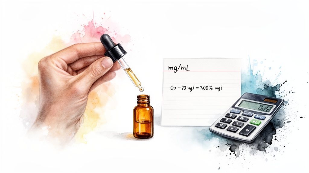 A hand holds a dropper over a bottle, with dosage calculations and a calculator.