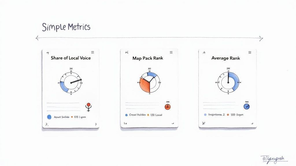 A dashboard showing various local SEO metrics and charts.