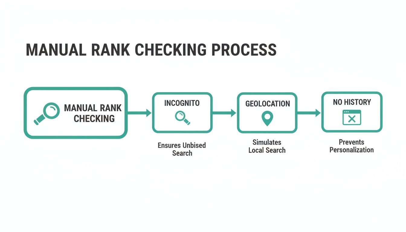 Flowchart showing the manual rank checking process: Incognito for unbiased search, Geolocation for local search, and No History to prevent personalization.