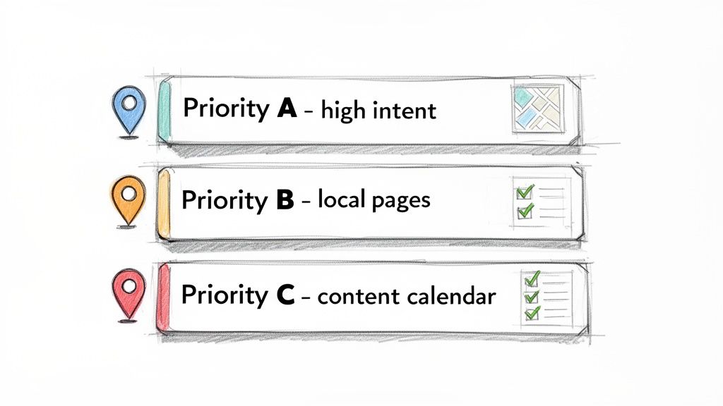 Three SEO priority levels: A (high intent, map icon), B (local pages, checklist), C (content calendar, checklist).