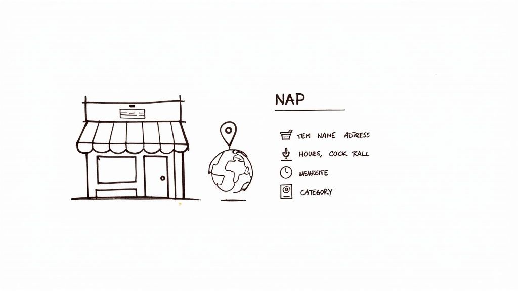 Diagram illustrating Google Business Profile NAP optimization, showing a store, location pin, hours, website, and category.