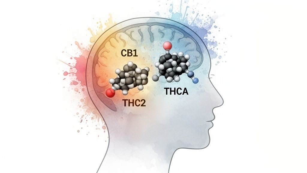 Illustration of a human head and brain displaying molecular structures labeled CB1, THC2, and THCA.