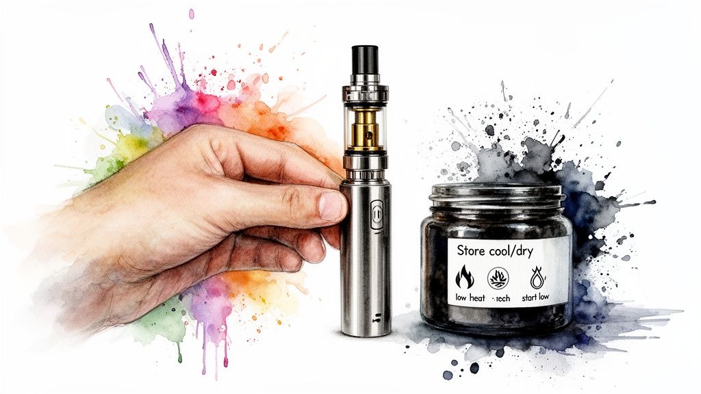 A hand holds a silver vape pen, next to a jar labeled 'Store cool/dry' with care instructions, all against a watercolor splash background.