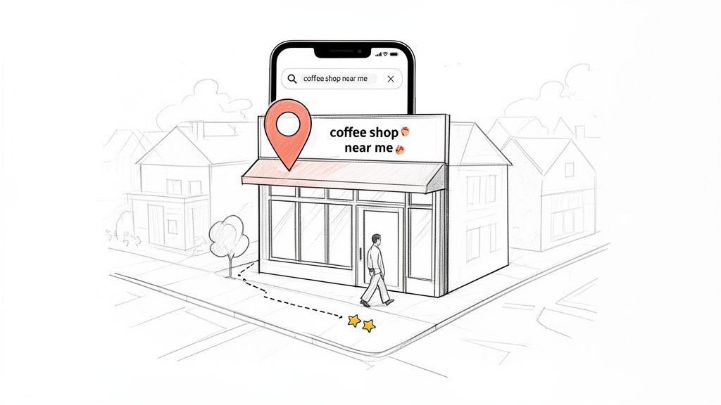 A man walks towards a coffee shop found via a 'coffee shop near me' mobile search.
