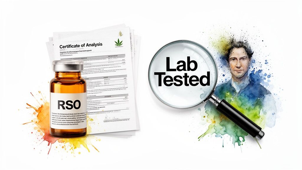 Lab tested RSO product with certificates of analysis and a magnifying glass for quality assurance.