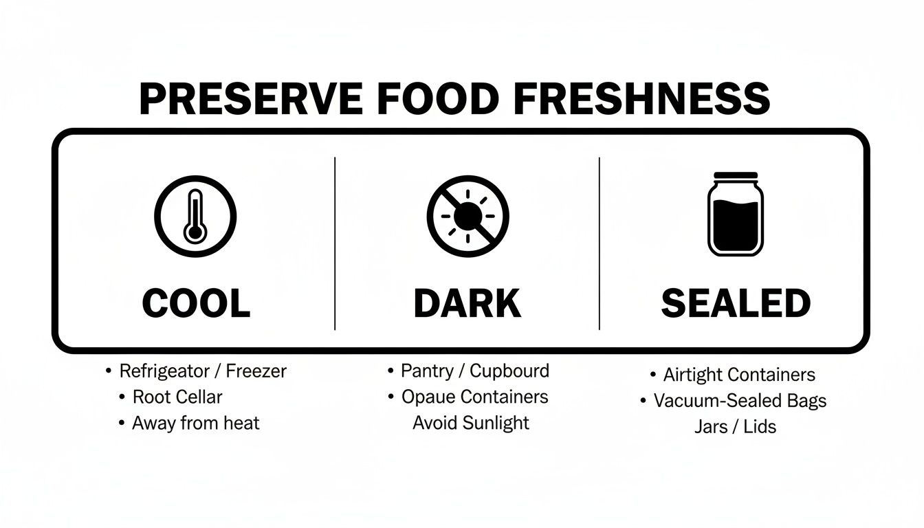 Infographic showing three methods to preserve food freshness: cool, dark, and sealed storage.