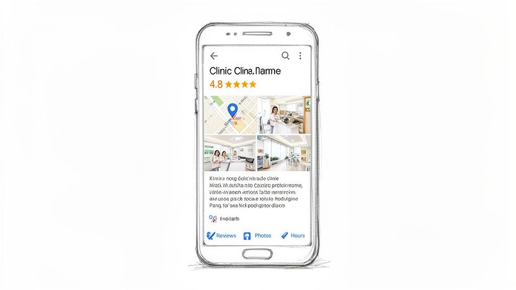 A smartphone displaying a local listing for 'Clinic Clina.Name' with a 4.8 rating, map, photos, and contact options.