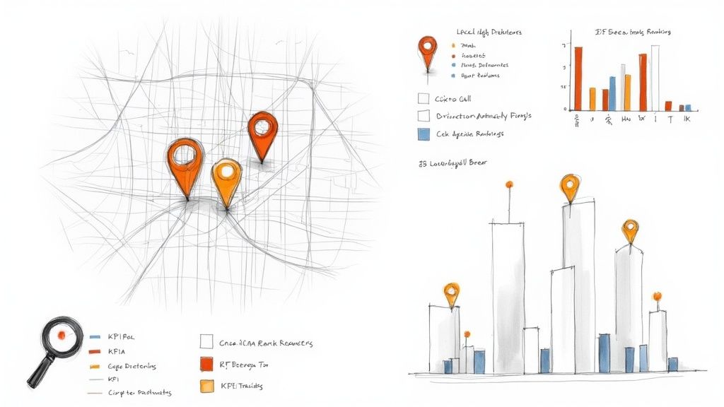 Map visualization with location pins showing local SEO data analytics and performance metrics charts
