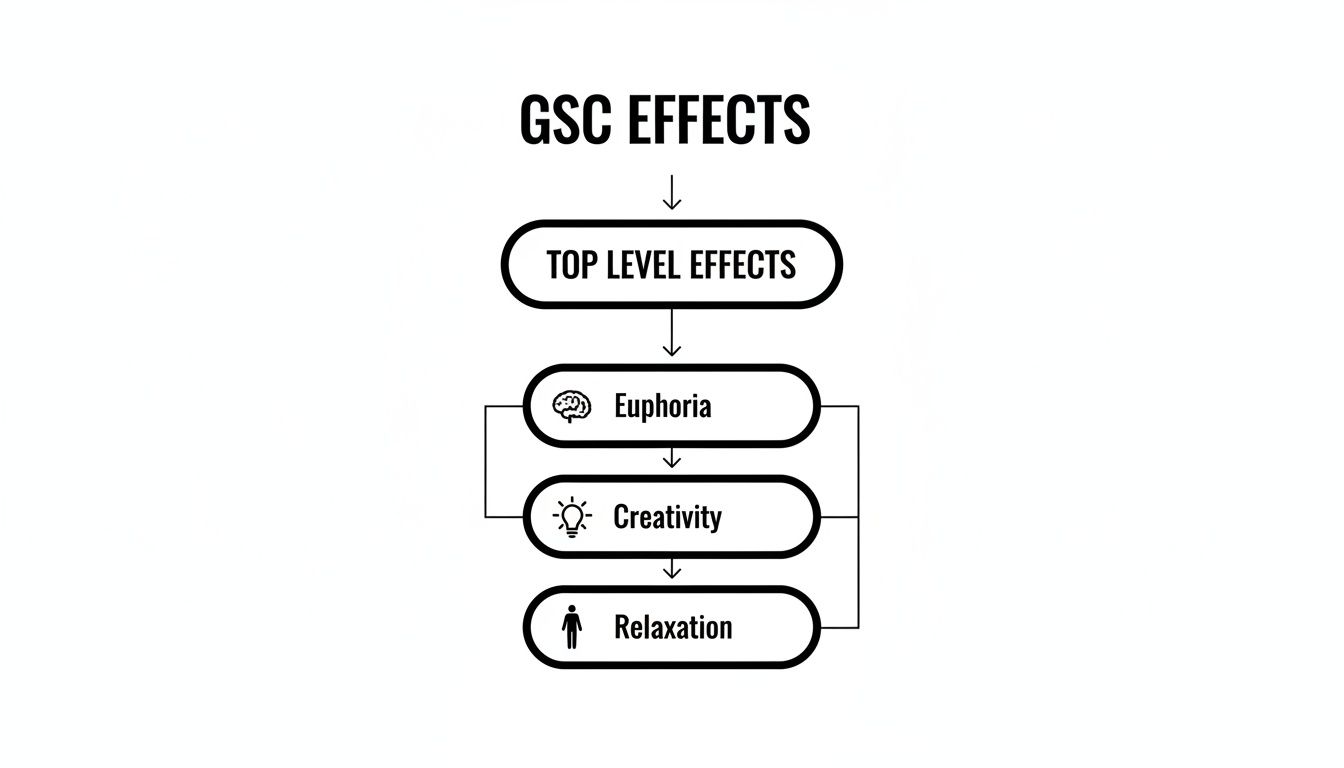 Flowchart illustrating the top-level effects of GSC, including euphoria, creativity, and relaxation.