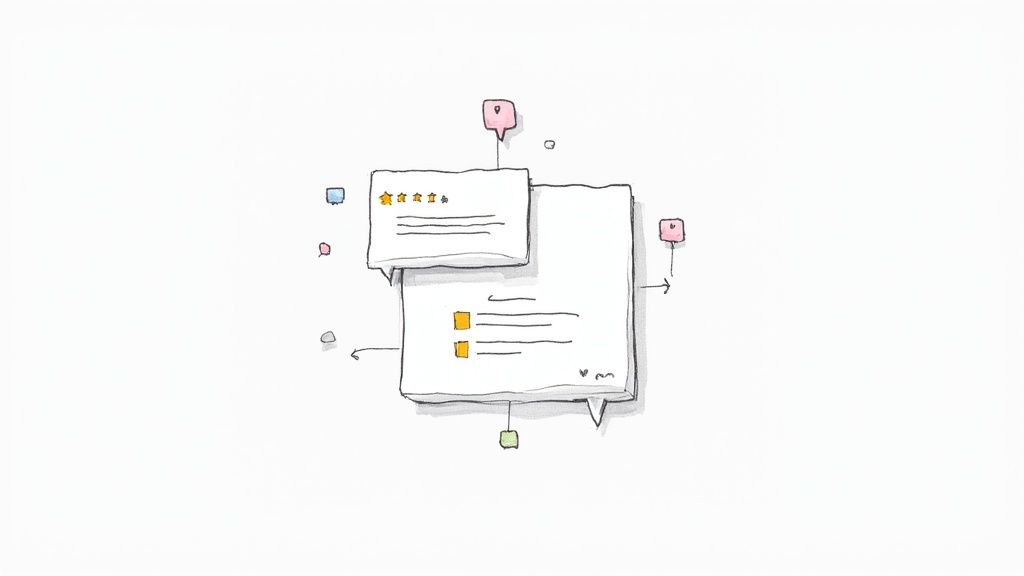 Hand-drawn sketch of interconnected speech bubbles illustrating ratings, checkboxes, and abstract feedback management.