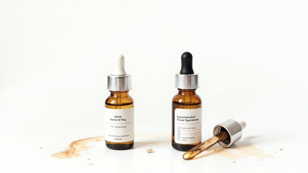 Two amber dropper bottles with white labels for CBD oil, one spilled on a white surface.