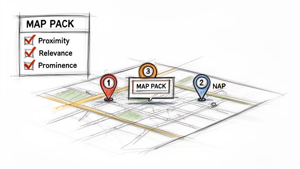 A diagram illustrating Google's Map Pack ranking factors: proximity, relevance, and prominence, depicted on a sketched map.
