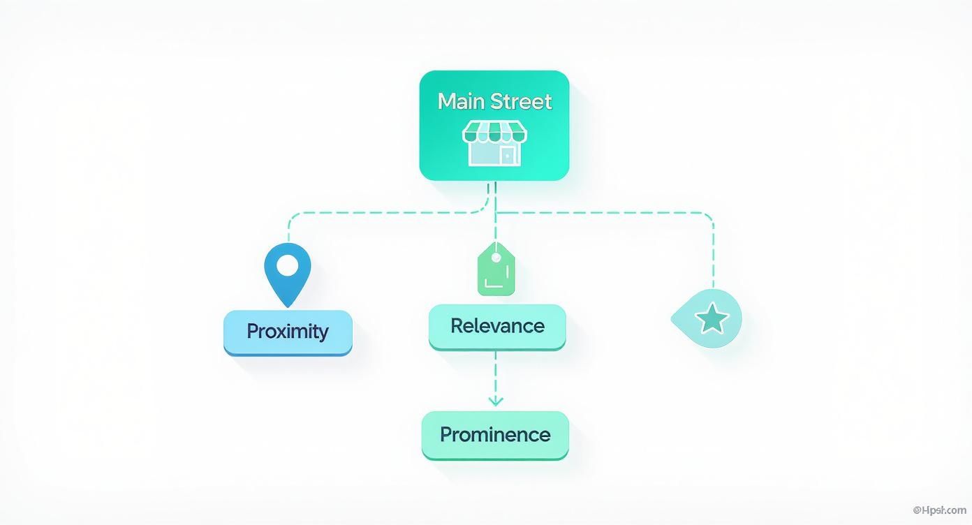 Diagram illustrating local search ranking factors: a main street business connected to proximity, relevance, and prominence.