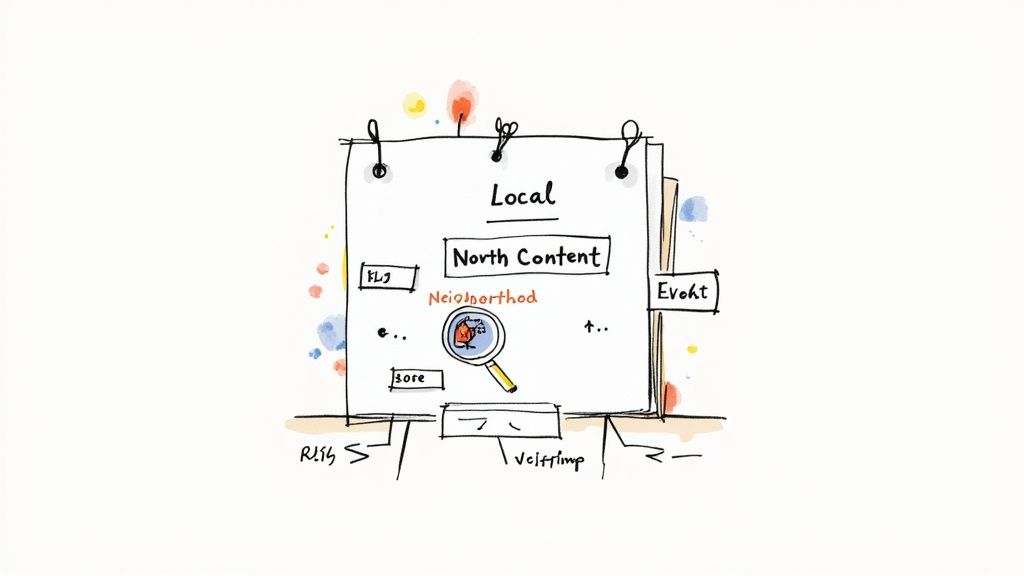 Hand-drawn whiteboard concept of local SEO, featuring 'Local' and 'North Content', and a magnifying glass finding 'Neighborhood'.