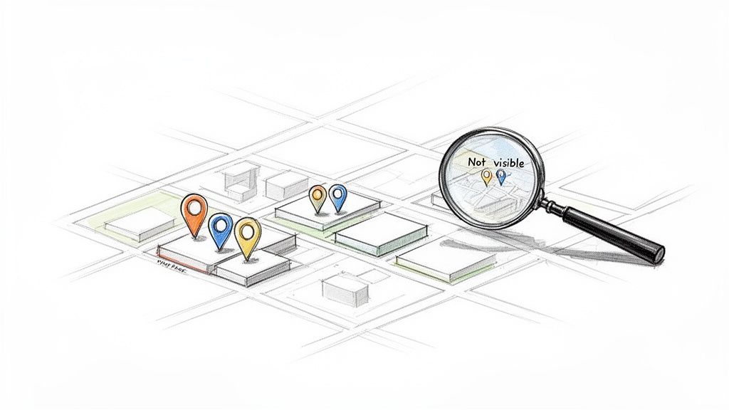 A stylized map with buildings and colorful location pins, plus a magnifying glass showing 'Not visible' pins.