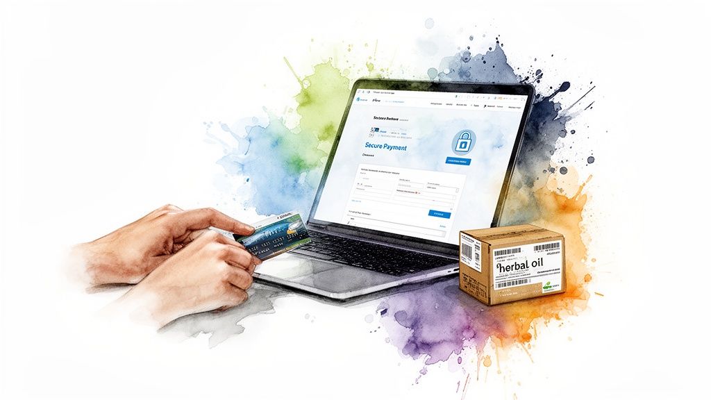 Hands holding a credit card next to a laptop displaying a secure online payment page, with a box of herbal oil.