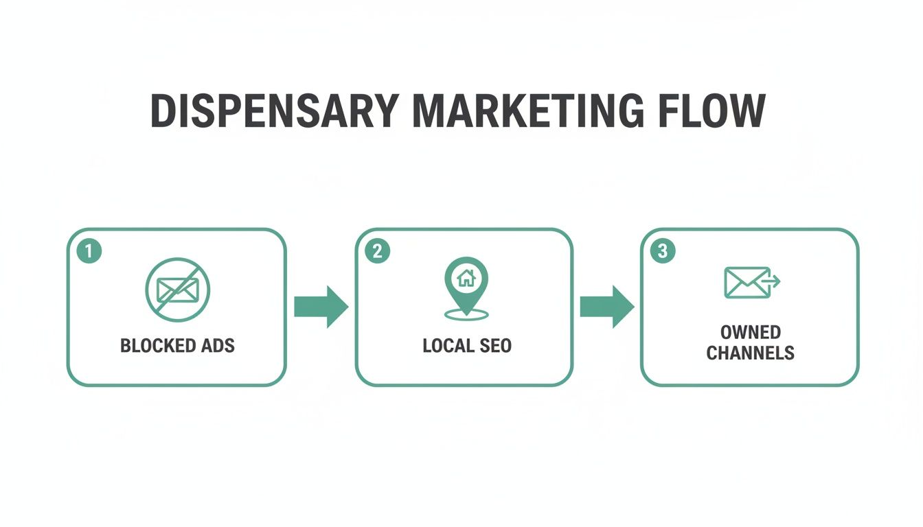 A flowchart illustrating the dispensary marketing flow, progressing from blocked ads to local SEO and owned channels.