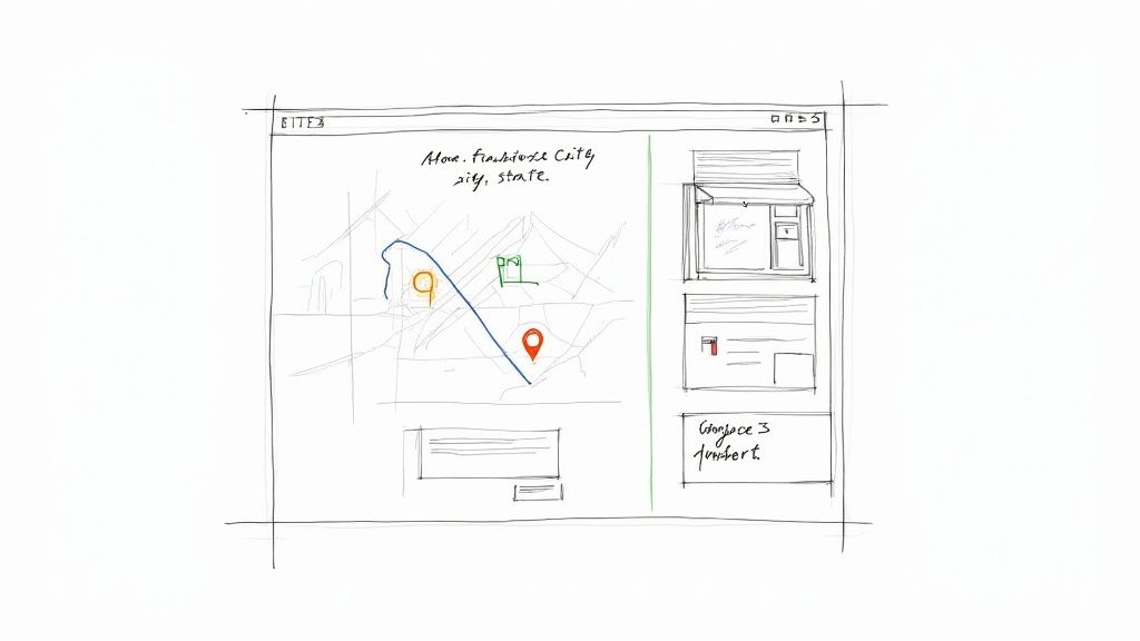 A digital illustration showing a franchise location page on a laptop screen with map and local details.