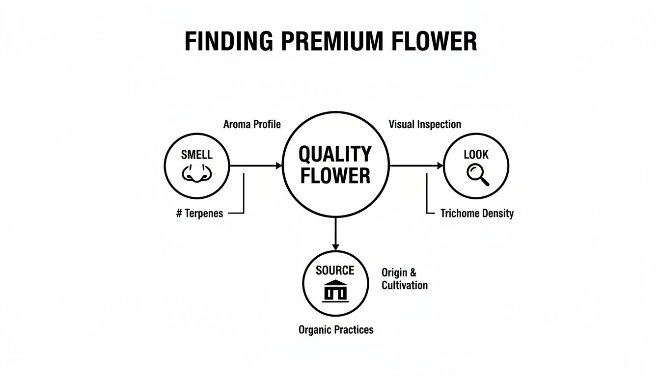 Flowchart showing factors for finding premium flower: smell (aroma, terpenes), look (visual, trichome density), and source.