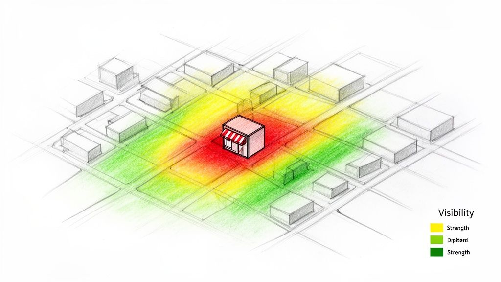 Isometric sketch of a city grid with a central store and a heatmap depicting its visibility strength.