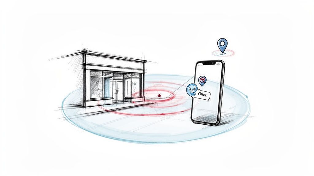 Sketch of a storefront and a smartphone displaying a location-based offer.