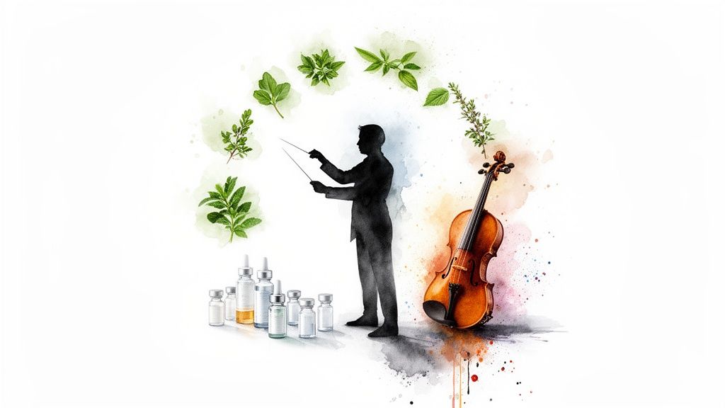 A conductor orchestrates various herbs, vials, and a violin, symbolizing natural synergy and artistic formulation.