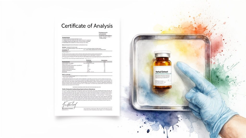 Certificate of Analysis for a herbal extract bottle on a tray, pointed at by a gloved hand.