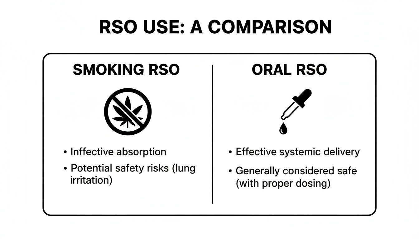 Infographic comparing smoking versus oral RSO use, detailing absorption effectiveness and safety.