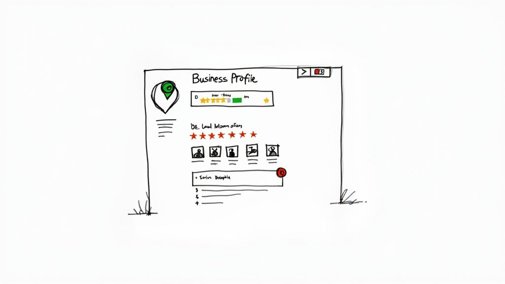 Hand-drawn sketch of a business profile interface showing a map pin, star ratings, and review sections.