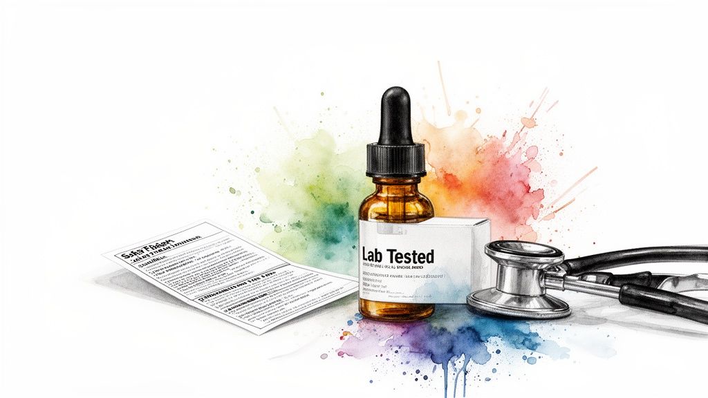 A 'Lab Tested' tincture bottle, dosage chart, and a stethoscope against a vibrant watercolor backdrop.