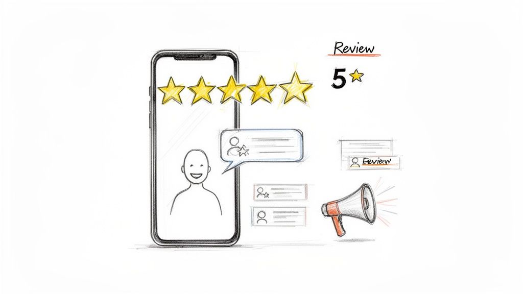 A hand-drawn illustration depicting customer reviews and ratings on a smartphone with a megaphone.
