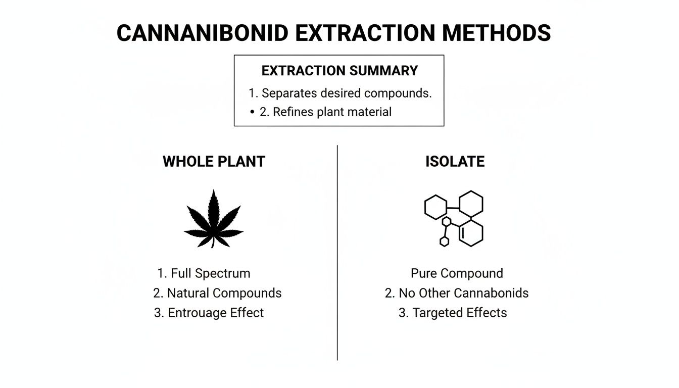 Diagram comparing whole plant and isolate cannabinoid extraction methods, highlighting their characteristics and summary.