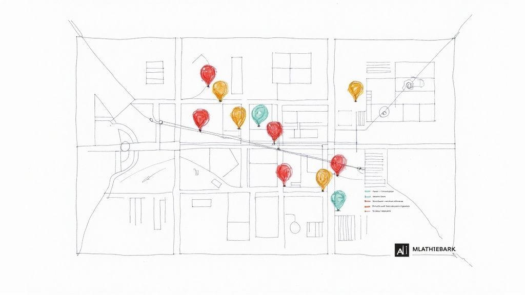 A hand-drawn urban map illustration with streets, blocks, and colorful balloons indicating locations.