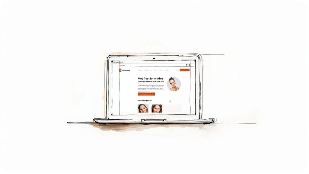 A watercolor sketch illustration of a laptop displaying a Med Spa website with images of women.