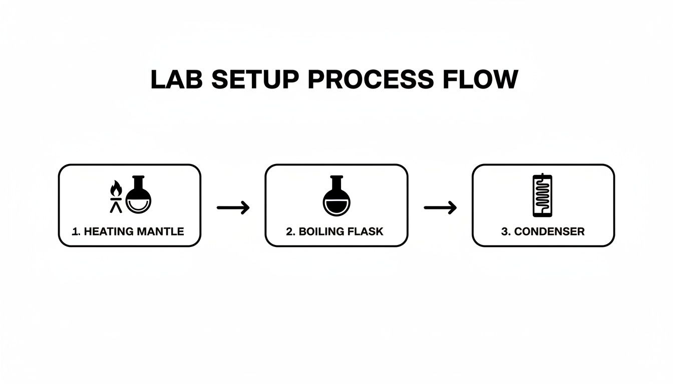 A lab setup process flow diagram showing three sequential steps: heating mantle, boiling flask, and condenser.