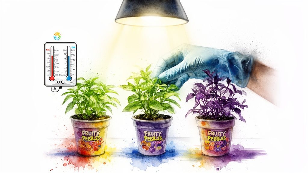 A scientist tends to colorful plants in Fruity Pebbles cereal pots under a grow light, next to a thermometer.