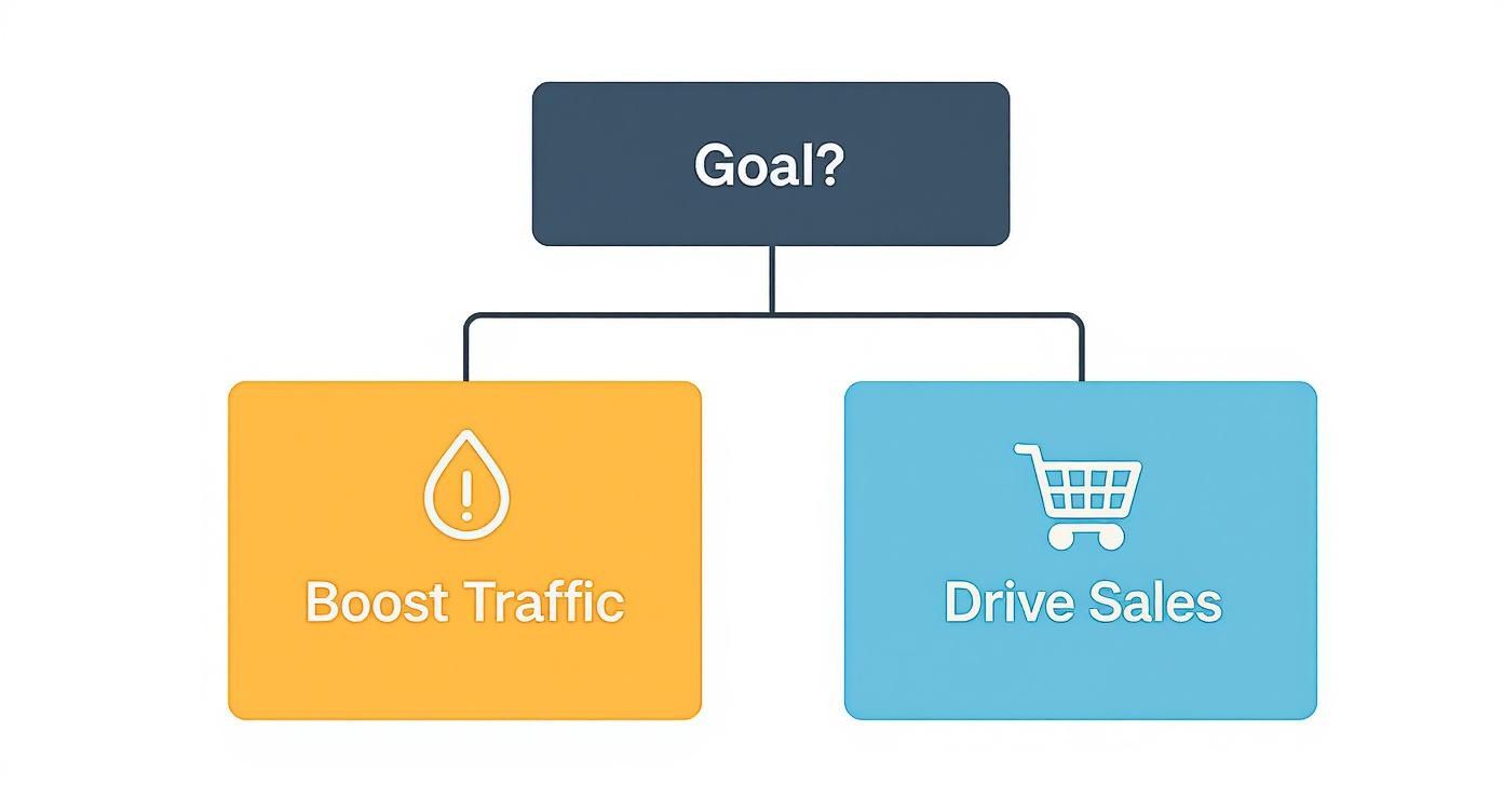 Flowchart showing business goals: 'Boost Traffic' with a drop icon and 'Drive Sales' with a shopping cart icon.