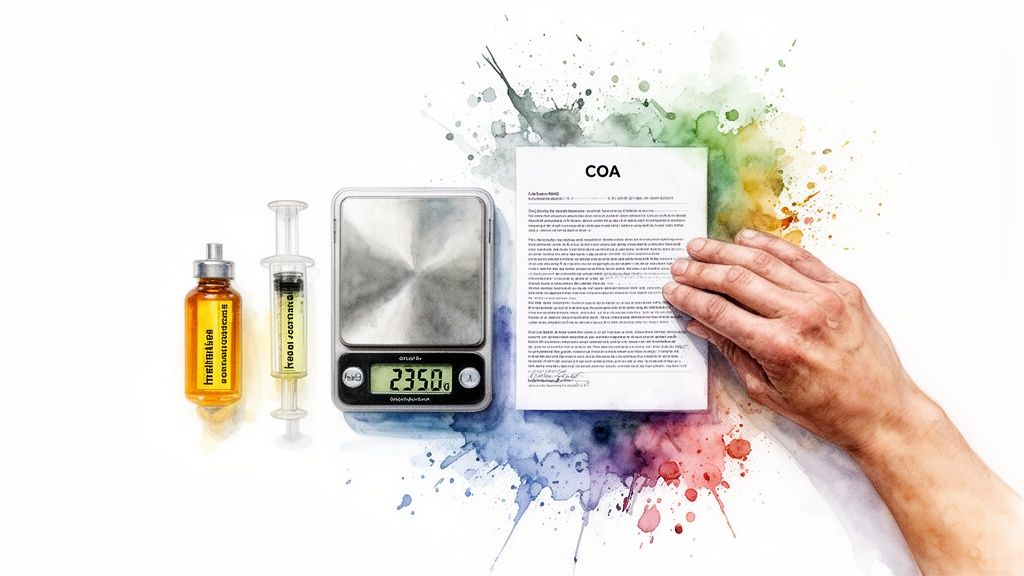 Scientific setup with RSO bottle, syringe, scale displaying 235.0, and COA document on a colorful watercolor background.