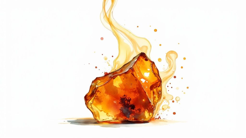 A glowing amber-like resin chunk with golden liquid swirls and droplets on a white background.