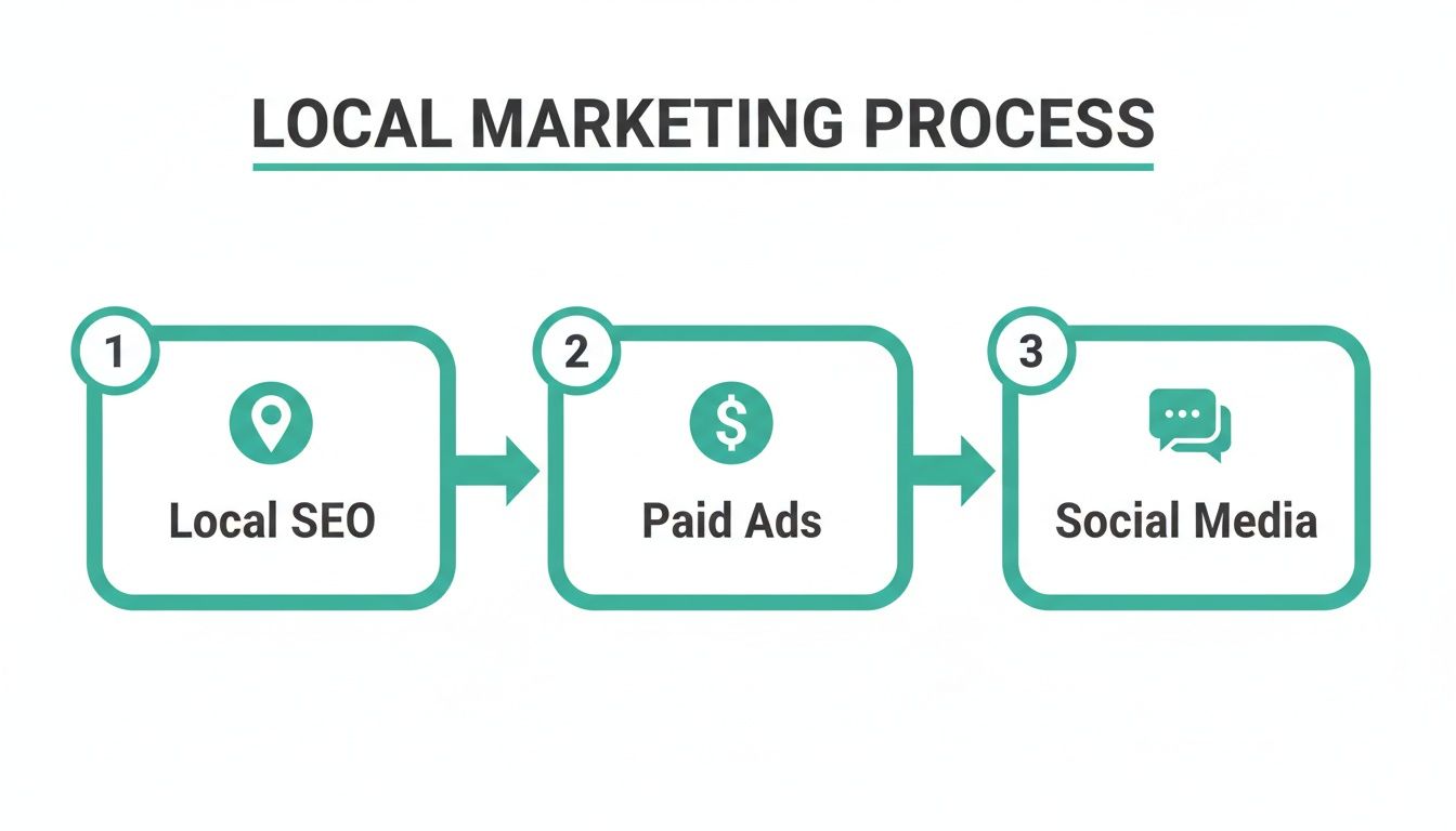 A local marketing process diagram showing three sequential steps: Local SEO, Paid Ads, and Social Media strategies.