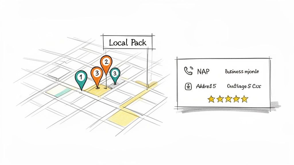 Hand-drawn local pack illustration showing a map, business locations, contact info, and customer ratings.