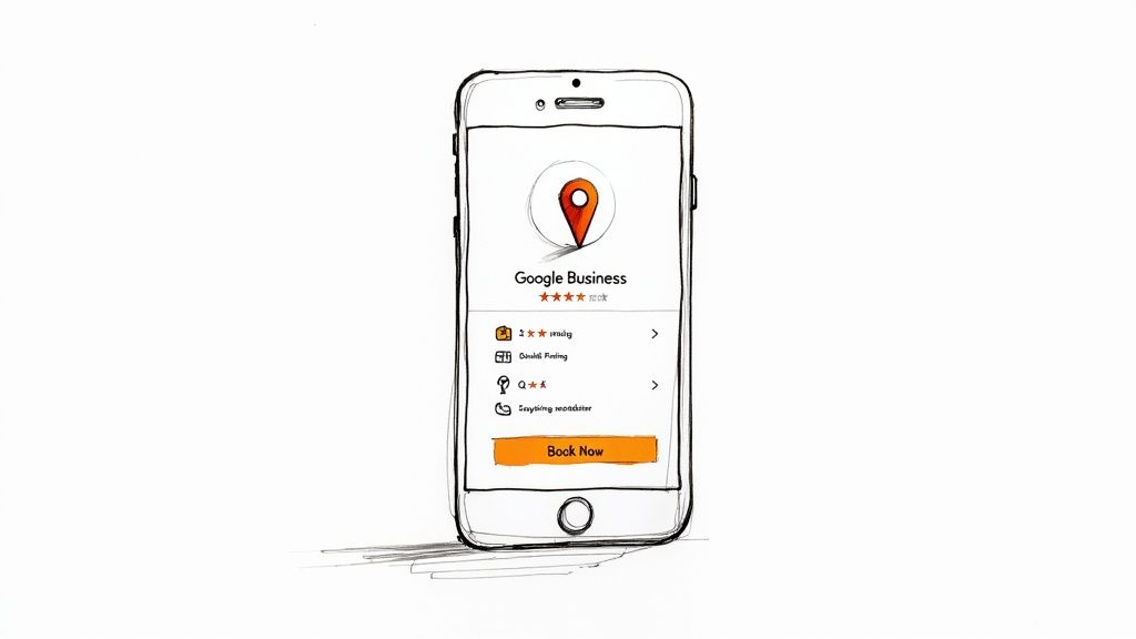A hand-drawn sketch of a smartphone screen displaying the Google Business app with a 'Book Now' button.