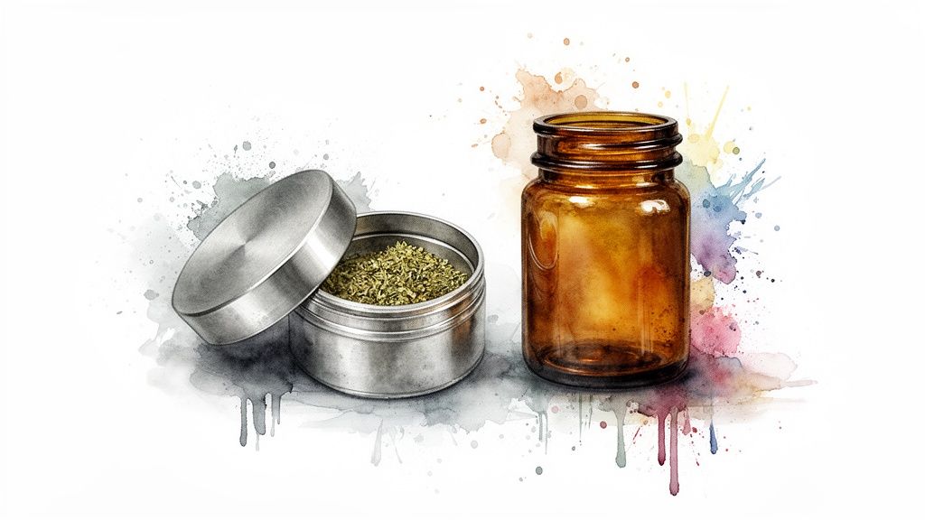 Watercolor illustration showing a metal container filled with kief next to an amber glass jar.