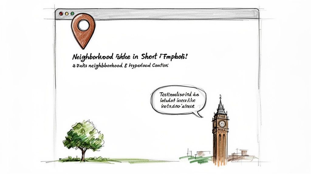 Sketch of a browser window showing a location pin, neighborhood text, a tree, and a clock tower.