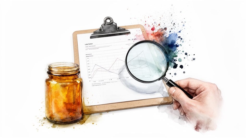 A watercolor illustration of a hand using a magnifying glass to examine a lab report on a clipboard, next to an amber jar.