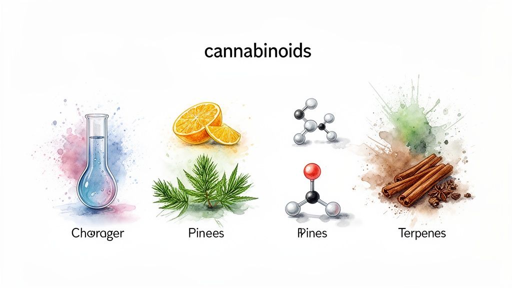 An illustration explaining cannabinoids, showing a test tube, orange and leaves, molecular structures, and spices.