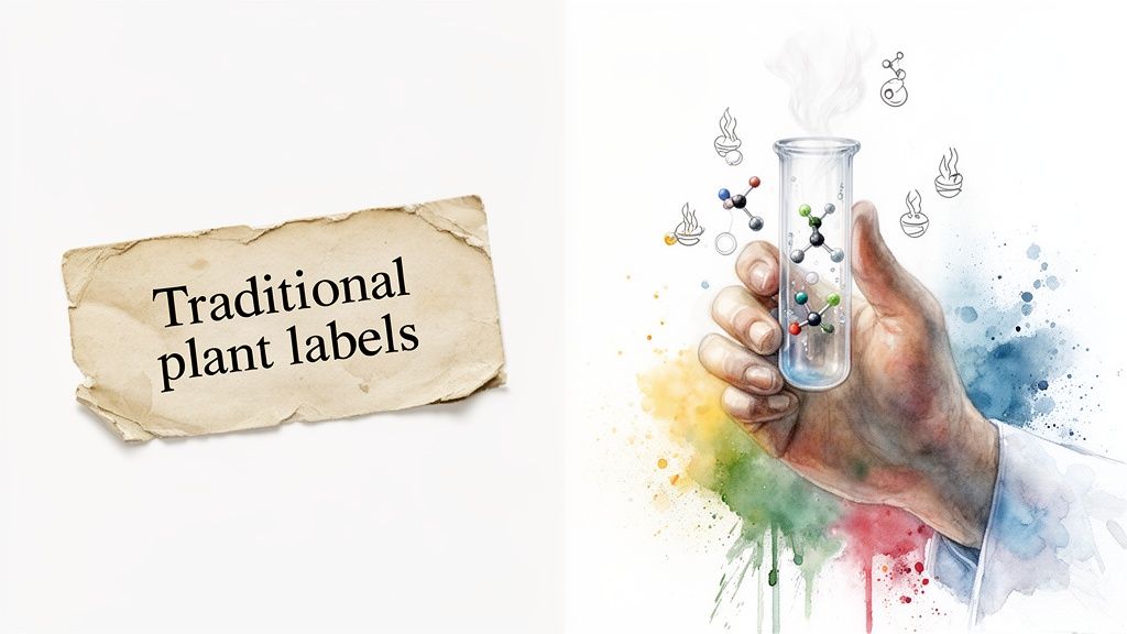 Illustration contrasting traditional plant labels on aged paper with modern scientific analysis of plant molecules.