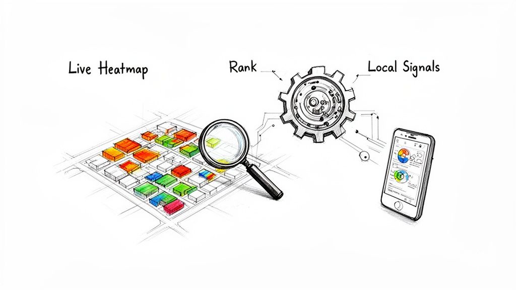Illustration of local SEO concepts: live heatmap, magnifying glass, rank gear, and local signals on a smartphone.