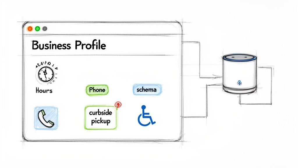 A sketch illustrating how a business profile with details like hours and phone connects to a smart speaker.
